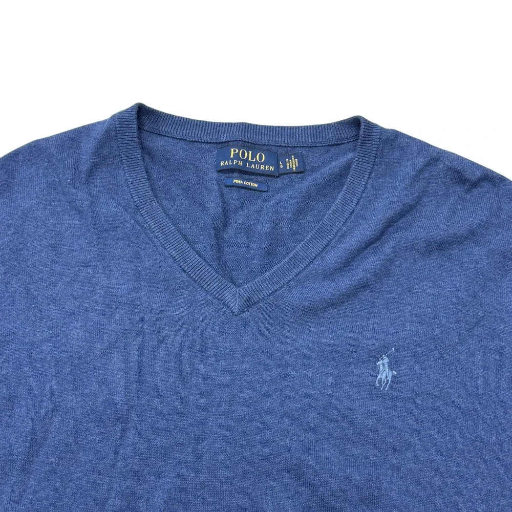 Polo‎ Ralph Lauren Mens Pima Cotton V-Neck Sweater Blue Heather Large Pony Logo